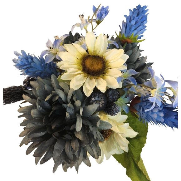 Artificial Blue Mums & White Sunflowers 16 Stem Faux Floral Bundle Arrangement B - Picture 16 of 16